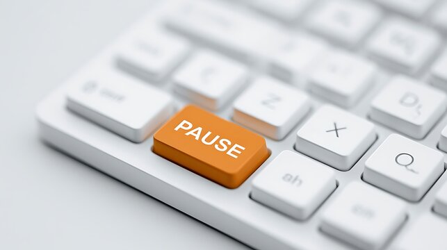 Orange pause button on a white computer keyboard isolated on white background