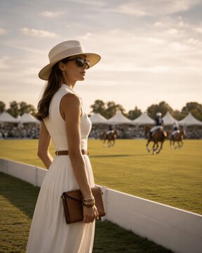 Woman in elegant white dress and hat watching a polo match. Spectator enjoying equestrian summer sport competition on a sunny field day. Luxury leisure activity and social event