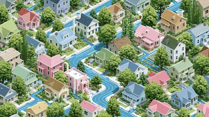 Fototapeta premium Isometric view of a compact suburban neighborhood highlighting blue bike lanes weaving through pastelcolored homes and lush trees with rainwater catchment systems in focus.