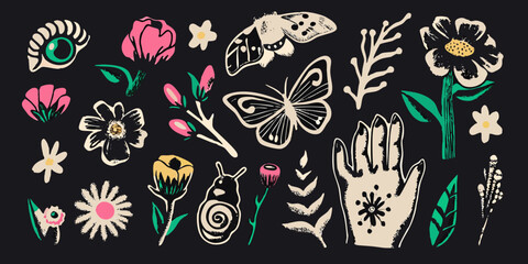 Floral and fauna vector illustration with butterfly snail and hand elements © SreeDulal