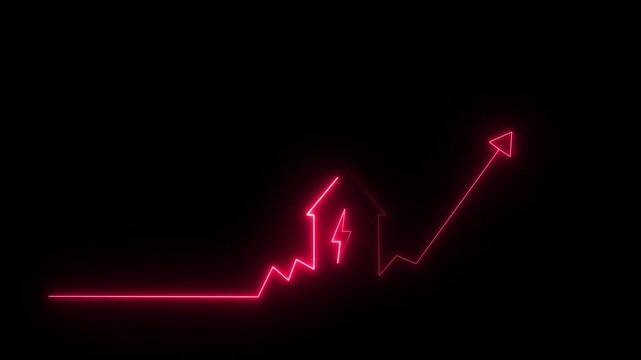 Glowing neon house with rising arrow and lightning bolt, energy growth and power efficiency concept, electricity cost increase, futuristic smart home energy chart, red light technology background