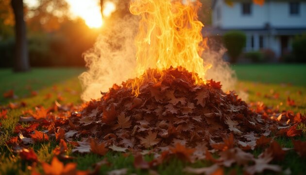 Pile of dry autumn leaves burns with bright flames and smoke on green grass. Setting sun light illuminates backyard garden with distant house.