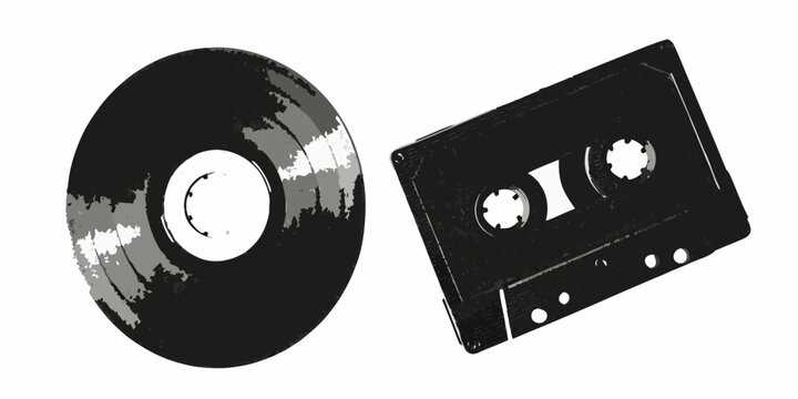 Vinyl Record And Cassette Tape Black And White Halftone Illustration