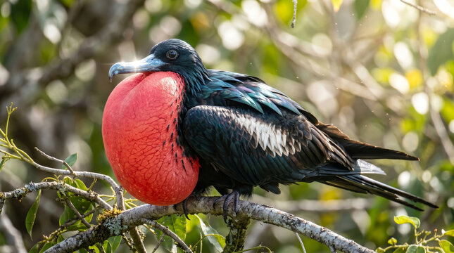 Magnificent Male Magnificent Frigatebird With Inflated Red Gular Pouch On Tree Branch