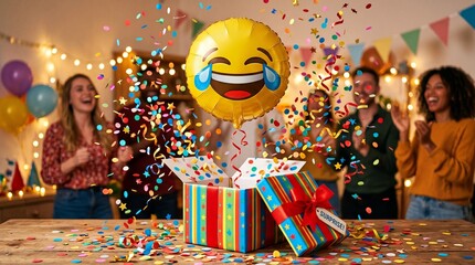 Fototapeta premium Laughing emoji party surprise, colorful confetti celebration, gift boxes, happy friends