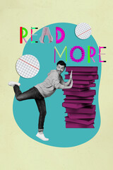Obraz premium Pop image sketch 3d collage poster of happy girl guy stand book stack library education bookworm hobby university student learner