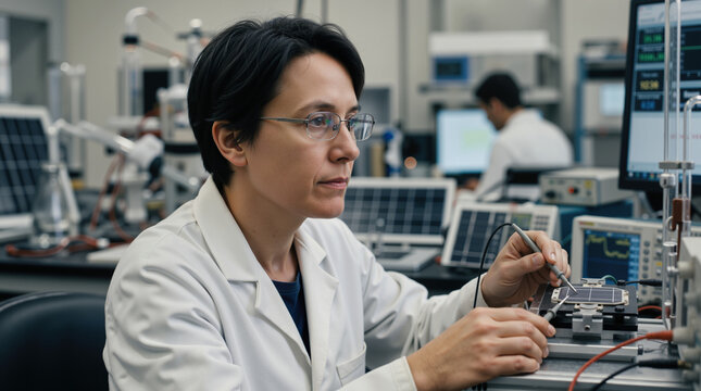 Female engineer testing electronic component in laboratory. Professional scientist working with multimeter and circuit board in research facility