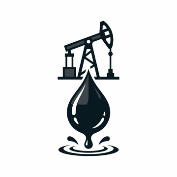 A graphic illustration of an oil pumpjack with a large drop of oil falling from it into a rippling pool.
