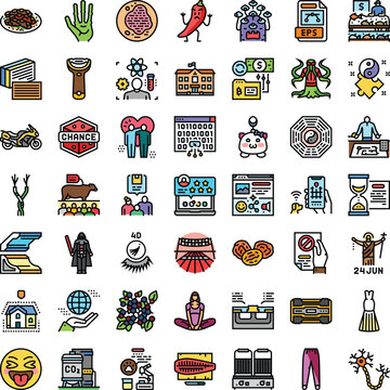 Set of assorted graphical icons with a modern flat line design, depicting a wide range of subjects from food, technology, and science to business, health, and abstract ideas