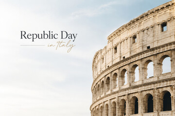 Colosseum in Rome for Republic Day in Italy. Historical monument at sunset celebrating Italian national heritage. Iconic architecture and landmark for travel, tourism and cultural holiday.
