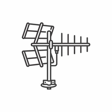 Line art illustration of an outdoor rooftop antenna, combining Yagi and panel elements, used for TV signal reception. Simple black and white icon.