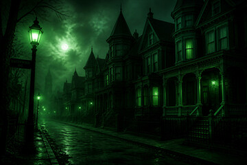 Obraz premium Victorian houses illuminated by green street lights on wet road
