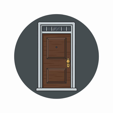A flat illustration of a classic brown wooden front door with a gold handle and white frame, featuring two panels and a small transom window above, set against a dark grey circular backgroun