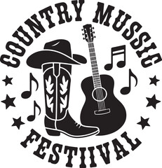 Naklejka premium Country music festival with a cowboy boot, hat, acoustic guitar, and musical notes in a circle des