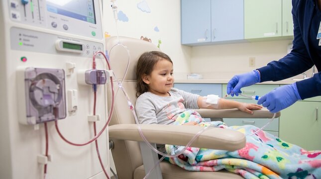 Child receiving pediatric hemodialysis in clinic with dialysis machine and nurse adjusting blood tubing, concept of kidney failure treatment, renal care and pediatric nephrology.