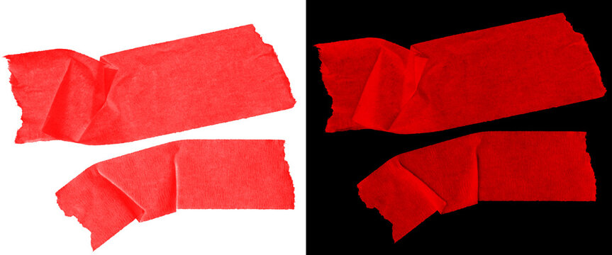 Red duct tape strips with wrinkled texture, adhesive cloth tape pieces on white and black backgrounds, industrial gaffer tape for design mockups