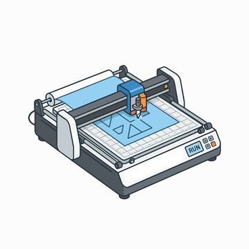 A digital cutting plotter with a sharp blade is precisely cutting geometric shapes from a light blue sheet of material.