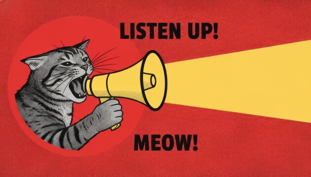 Cat with megaphone on red background