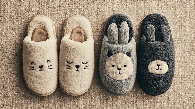 Pair of cute plush animal slippers on textured background