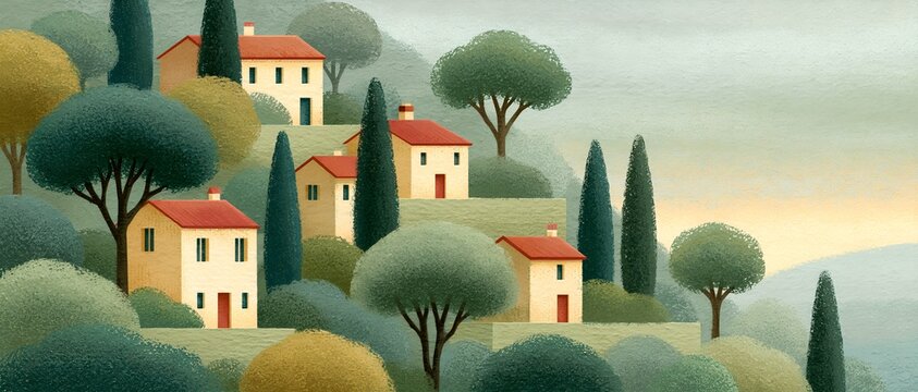Calm hilltop village with colorful houses and tall trees