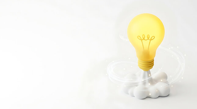 Glowing Yellow Light Bulb Idea Concept Floating On White Cloud Background For Creative Inspiration