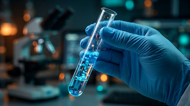 Scientist Hand Holding Glass Test Tube With Blue Liquid In Laboratory Research Setting