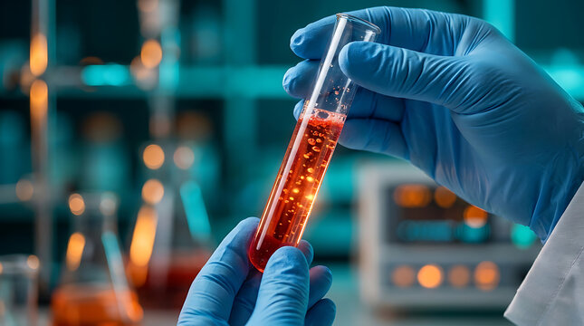 Scientist Hands Holding Test Tube With Orange Liquid In Laboratory Research Experiment