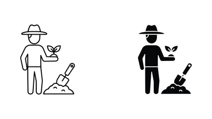 Farmer holding a plant sprout with a garden shovel icon in two distinct styles © VisionGrafix