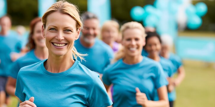 Smiling woman runs outdoors with friends in blue shirts