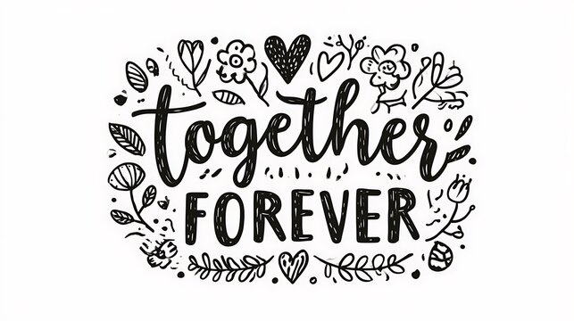 Hand-lettered together forever typography with floral doodles isolated on white background