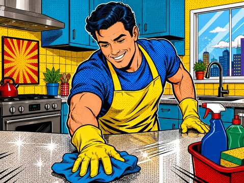 Pop art man cleaning kitchen counter in colorful comic style home interior, showcasing Shared household chore and Father's Day concept 