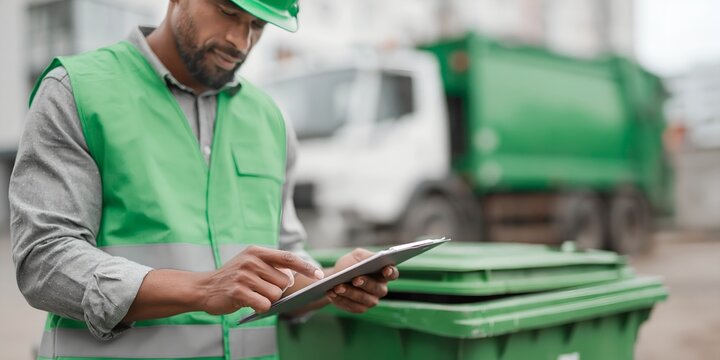 Worker using tablet near green trash containers