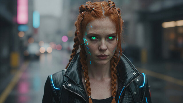 Futuristische Frau mit Neon-Implantaten auf nasser Stra&szlig;e
