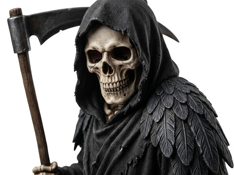 Sinister grim reaper figure wearing a dark textured hooded cloak with feathered shoulder details while holding a weathered wooden scythe in a close up studio portrait shot isolated against a plain whi