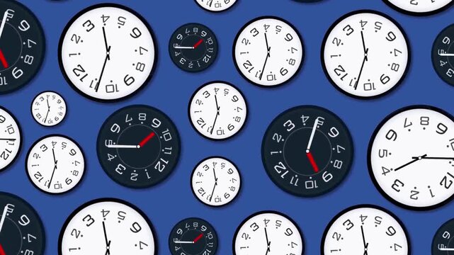 Many Analog Clocks Spinning Fast on Blue Background