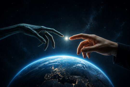 Human hand and alien hand reaching toward earth over space