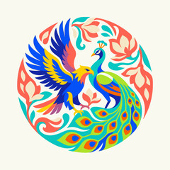 Fototapeta premium Peacock and eagle in a colorful round floral illustration.