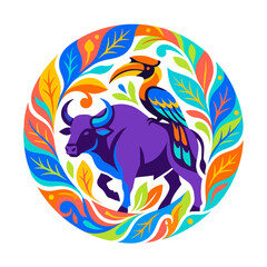 Purple bull and hornbill bird in colorful circular wreath. © perkasa99