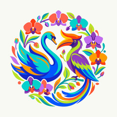 Swan and hornbill birds surrounded by orchid flower circle. © perkasa99
