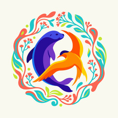 Purple seal and orange bird in floral circular emblem. ©  arinagraphic.std