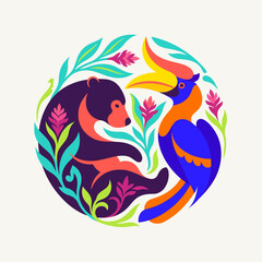 Small bear and hornbill bird in a vibrant circle. ©  arinagraphic.std