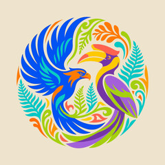 Colorful eagle and hornbill birds in circular floral illustration. © perkasa99