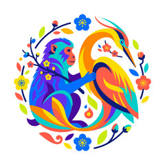 Colorful monkey and crane bird in plum blossom circle. © perkasa99