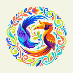 Colorful hornbill and stylized bird in circular floral ornament. © Arvinpratama