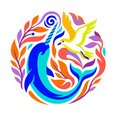 Stylized narwhal and seagull in a colorful circular frame. ©  arinagraphic.std