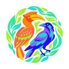 Vibrant hornbill and raven in circular green leaf pattern. © arina
