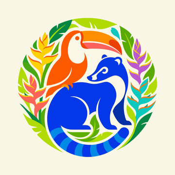 Stylized tropical toucan and coati in a circular frame.