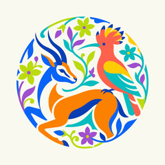 Colorful gazelle and hoopoe bird in circular floral frame ©  arinagraphic.std