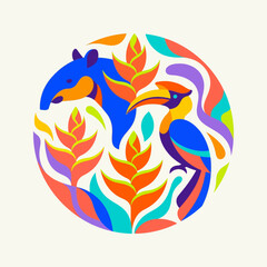 Colorful tapir and hornbill bird illustration in circular floral frame. ©  arinagraphic.std