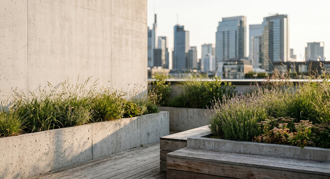 Modern rooftop garden with concrete wall copy space, wooden deck, and city skyline